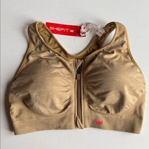 NWT SHEFIT Honey Wheat Lounge Bra 2 Luxe Front Zip Workout Fitness Sports Bra